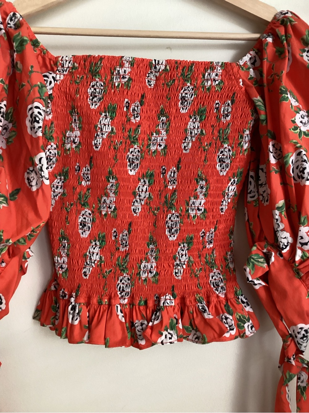Caroline Constas Floral Print Top Small Smocked Peplum Blouse Red Orange - Picture 9 of 14